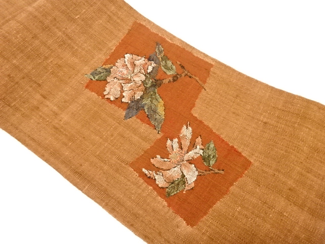 JAPANESE KIMONO / UNUSED NAGOYA OBI / SILK / HAND WOVEN MAWATA TSUMUGI / SHIKSHI & FLORAL BRANCH